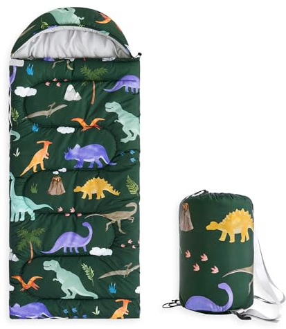 Wake In Cloud - Kids Sleeping Bag for Boys Toddlers, Camping in Warm Cold Weather, Backpacking Lightweight Compact Outdoor Liner for 3 Seasons, Watercolor Dinosaurs, Dark Green