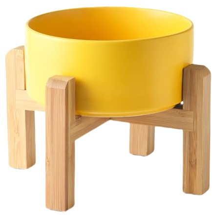 Welloyed 6'' Ceramic Raised Dog Bowl - 30Oz Dog Food & Water Bowl with Elevated Non-Slip Bamboo Stand, Dishwasher & Microwave Safe, Anti Vomiting Heavy Duty Pet Bowl for Small and Medium Dogs, Yellow