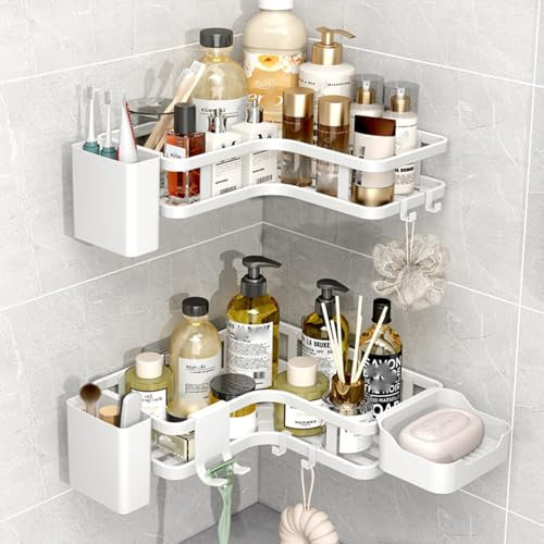Corner Shower Caddy Kits,6 Pack Bathroom Shelves,Shower Storage Rack,Shelf Organiser No Drilling,Rust-Resistant Shower Caddy Shower Organiser Wall Mounted with Soap Holder&Toothpaste Holder (White)
