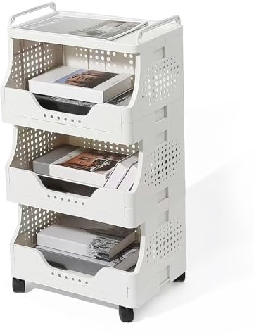 DEANIC Faltbar Bücherregal mit Rollen, 4 Ebenen Mobiles Rollwagen, Mehrzweck-Bücherwagen Organizer mit Griffen für Arbeitszimmer, Büro, Untertischablage (Weiß)