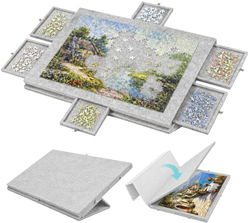 Puzzle-Aufbewahrungsbrett mit 6 Schubladen – Neigbare Puzzle-Platte aus Filz für bis zu 1000 Teile – 2-in-1 Puzzletisch mit Ständer & Abdeckung – Leicht & tragbar für Erwachsene & Kinder (Light Grey)