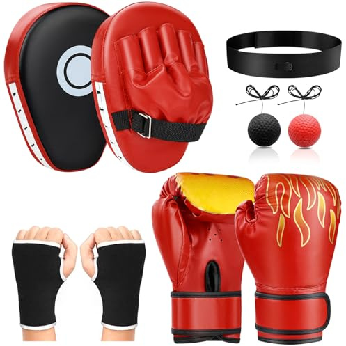 NZQXJXZ 4-in-1 Boxhandschuhe und Pratzen Set für Kinder und Jugendliche | Boxausrüstungsset mit Kinder-Boxhandschuhe, Gebogene Handpratzen, Reflexball und Handbandagen für Boxtraining, MMA, Muay Thai
