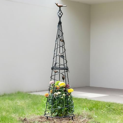 GOOOXIM Garden Obelisk 40.5 Inch Metal Trellis for Climbing Plants - Sturdy Support for Rose Bushes & Tall Vines, Featuring Decorative Bird and Leaf Elements, Perfect for Garden Decor