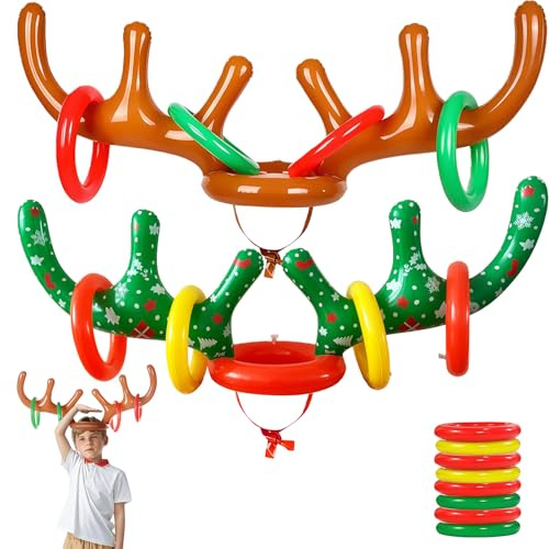 GWAWG Jeu de Lancer D'Anneaux Gonflable, Bandeau En Forme De Bois De Renne Avec 8 Anneaux, Jeu Noel, Divertissement IntéRieur Et Extérieur Pour Les Groupes, Ensemble Marron Et Vert