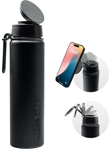 Well & Body Botella Térmica Magnet’O PRO 750 mL | Botella para móvil Compatible con MagSafe, termo de acero inoxidable sin BPA | Con tapón PRO y soporte giratorio 360° para gimnasio [NEGRO]