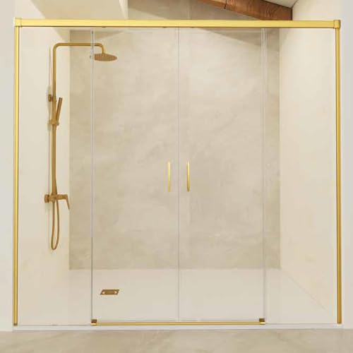 Box Doccia Frontale 2 Fisse + 2 Scorrevoli | Vetro Temperato 6mm Antiriflesso | Altezza 195 cm | Profilo Oro Spazzolato 170 cm (adattabile 166,1-171)