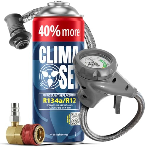 CLIMASET - Klimaanlage Auto Befüllen - Klima Auffüllen Auto Set - Gas & Öl R134a + Schlauch + HP/LP-Adapter - für Fahrzeuge 1994–2016, mit Modernem Schlauch & Manometer, Einfaches Nachfüllen