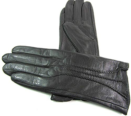 Damen Premium Quality Super Weich Leder Handschuhe Pelzfutter Streifen Detail Slim Fit - grau, L