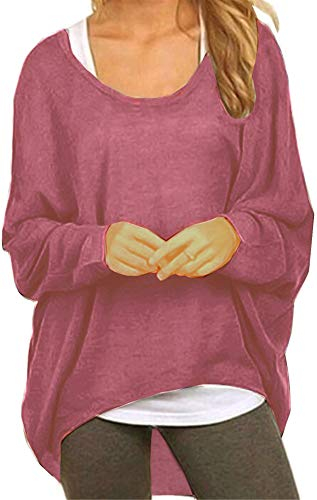 Meyison Damen Lose Asymmetrisch Sweatshirt Pullover Bluse Oberteile Oversized Tops T-Shirt Lila Rot L