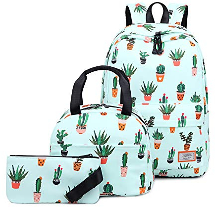 Joymoze Wasserbeständige Büchertasche für Jugendliche Mädchen mit Tasche für Mittagessen und Mäppchen Kaktus