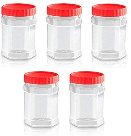 Round Clear Plastic Food Storage Canisters Jars Boxes Containers Tubs Screw Top (Pack of 5-400ml Hexagonal Head)