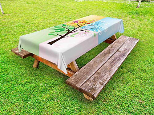 ABAKUHAUS Arbre Nappe Extérieure, 4 Saisons Environnement Arbre, Nappe de Table de Pique-Nique Lavable et Décorative, 145 cm x 305 cm, Multicolore