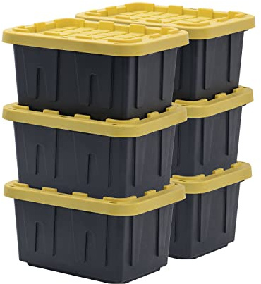 BLACK & YELLOW 5-Gallon Stackable Plastic Storage Bins with Lids, 6 Pack