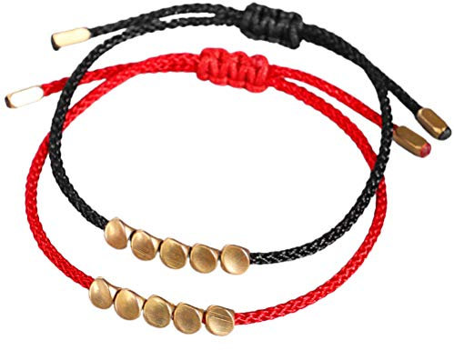Leikance Lot de 2 bracelets tibétains en perles de cuivre réglables faits à la main avec nœud porte-bonheur rouge + cordon noir pour homme et femme, Adjustable