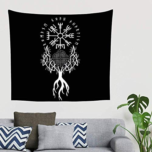 Chenso Baum des Lebens Skandinavische Runen Rabenwurzeln Knoten Totem Wandbehang Wandteppich Wikinger Yggdrasil Futhark Runen Nordische Mythologie Wandteppich-150x200cm_Weiß1