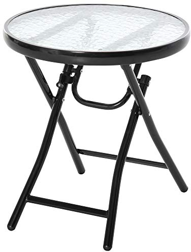 Outsunny Mesa de Vidrio Redonda Plegable Mesa de Jardín con Hebilla de Seguridad Borde Cubierto de Metal Patio Interior y Exterior Ø45x50 cm Negro