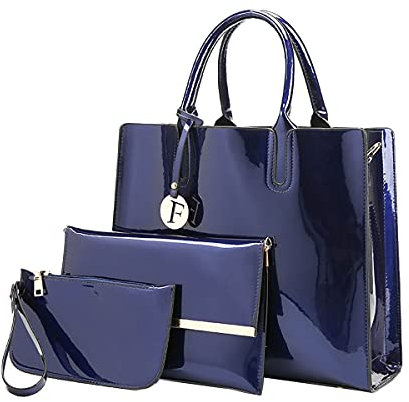 NIYUTA Borse a mano donna moda Pelle verniciata Borse a tracolla Alta capacità Set 3 pezzi Borse a spalla blu