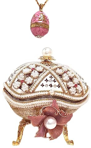 Pink Pearl Schmuck, Faberge-Ei, Abschlussfeier, Geburtstag, einzigartiger russischer Faberge-Stil, Schmuckschatulle, Musikgeschenk für Mädchen im Teenageralter, handgefertigt, Halskette & Armband-Set