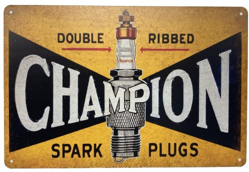 Tin Metal Wall Sign | Champion Spark Plug Brand 8 x 12 in. | Car Decorative Wall Plaque Poster for Room Garage Man Cave | Vintage Classic (Set of 1)