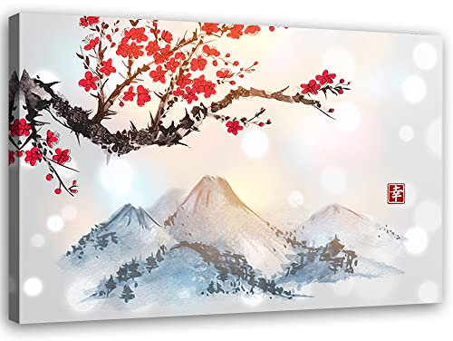 Feeby Bild auf Vlies Leinwand Blühender Kirschbaum Japan Berge 45x30 cm Kunstdruck Modern Wandbilder Deko Flur Wohnzimmer Asien Osten Kanji Orientalisch Rot