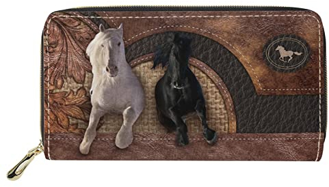 Dolyues 3D Crazy Running Horse Print Damen Pu-Leder Geldbörse mit Münzfach mit Reißverschluss, Mehreren Kartenfächern Clutch Geldbörsen