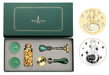 Vintage Siegelwachs Tablette Perlen Kerze Abnehmbarer Löffel Stempel Set mit Aufbewahrungsbox Kit DIY Umschlag Einladung Craft-Mond in Flasche,SPANIEN