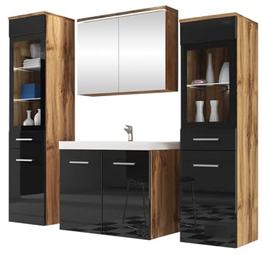Mirjan24 Badmöbel Set Madrit II mit Waschbecken und Siphon, Komplettprogramme für Spiegelschrank, Waschtisch, Hochschrank (Wotan/Schwarz Hochglanz, mit weißer LED Beleuchtung)