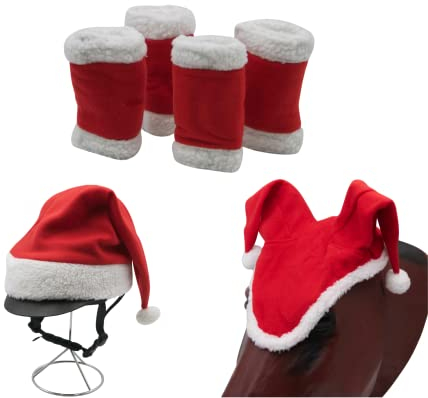 AMKA Weihnachtsset mit Helmmütze Weihnachtsbandagen 4er Set und Pferde Weihnachtsmütze Xmas Set