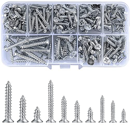 wugongshan 250G Self Tapping Screws Assortment Fasteners Set, M3/M4/M5 Sheet Metal Screws Fasteners Kit, Round Drive Flat Countersunk Head Wood Screws for Woodworking - 10 Sizes