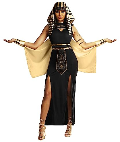 Morph Disfraz Cleopatra Mujer, Disfraz Egipcio Halloween Mujer | Vestido Negro, Tocado Dorado, Brazaletes, Capa & Collar, Reina del Nilo, Perfecto para Halloween, Ideal para Disfrazarse