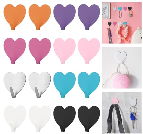 HAOMEEDUO 16 Stk Selbstklebende Haken Herzform Wandhaken Edelstahl Bunte Klebehaken Ohne Bohren Garderobenhaken Selbstklebend Wandhaken Klebend Wasserdicht Handtuchhaken Küchenhaken für Bad Küche