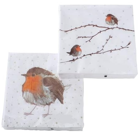 2 Pack Servietten a 20stk ROTKELCHEN Papierservietten n591 Vögel Weiss braun orange Tischdeko 3 lagig Vogelpaar 33x33cm Tischschmuck Herbstdeko Weihnachtsdeko