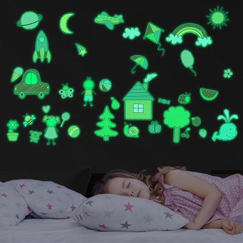 HIMKI Wandsticker Kinderzimmer Leuchtaufkleber Cartoon-Tiere Wandtattoo Leuchtend Wandaufkleber für Babyzimmer Kindergarten Spielzimmer Schlafzimmer Wanddeko (Grün Leuchtend B)