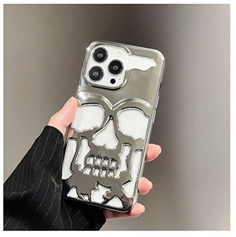 PODSI 3D Cool gothic skeleton Skull Hollow Phone Case For iPhone 15 14 13 12 11 Pro Max Case Luxury Camera full Protect personality carving Cute Back cover (Color : Silver, Size : For iPhone 13)
