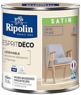 RIPOLIN - Peinture Intérieure Multi-Supports – Murs, Boiseries & Radiateurs – Ultra Couvrante – Lessivable – Application Facile – Ecolabel - Satin - 0,5L - Beige Plage