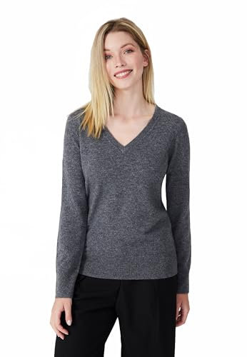 Style & Republic V-Neck Kaschmir Pullover-Damen elegant aus 100% Cashmere - Dein kuscheliger Premium Strickpullover für stilvolle Herbst- & Winter-Momente - Grey Melange S