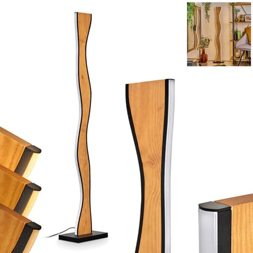 LED Stehleuchte Malling, Stehlampe aus Metall/Holz/Kunststoff in Schwarz/Naturfarben/Weiß, Retro/Vintage-Design mit Schirm aus Holz, dimmbar über Fußschalter, 32 Watt, 1500 Lumen, 3000 Kelvin