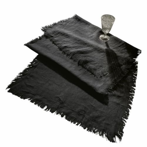 LOBERON Tischläufer Pibrac, schwarz | Stilvoller Eye-Catcher für den Tisch, Schöne Hohlsaumstickerei, Reines Leinen