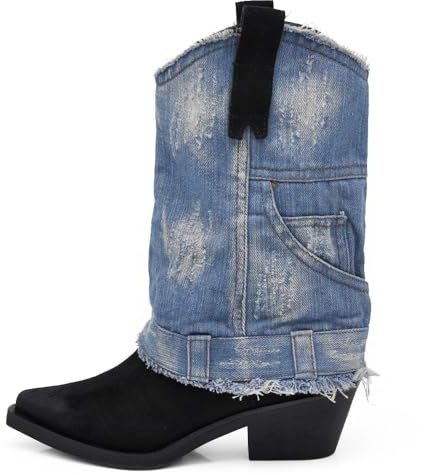 IF Fashion Scarpe Stivali Stivaletti Texani Con Ghette Risvolto Jeans A punta da Donna 6657 black/light blu N.37