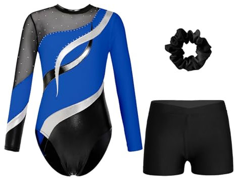 Oyolan Mädchen Kinder Gymnastikanzug Turnanzug Glitzernde Gymnastikbody Langarm Turntrikot mit Kurze Hose Tanzkostüm Königsblau & Schwarz B 158-164