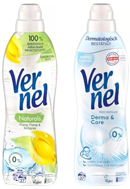 VERNEL Weichspüler-Set 2x 37 Waschladungen (74WL) 1x Naturals Ylang Ylang & Süßgras & 1x Derma & Care, sorgt für unwiderstehliche Weichheit, recycelbare Flasche