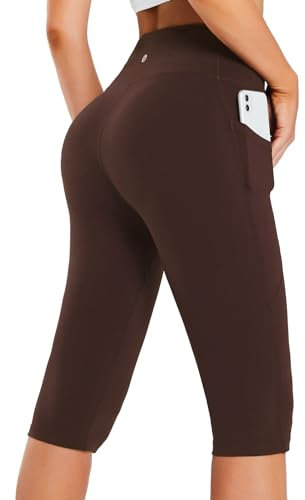 baleaf Knielange Kurze Leggings Damen Yogahose kurz high Waist Yoga Radlerleggings Sport Sommer mit Taschen Braun M