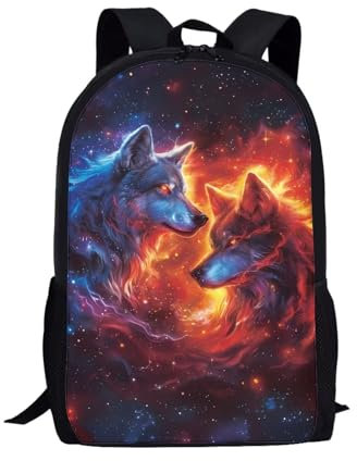 Binienty Schulrucksack für Kinder, Jungen, Mädchen, Teenager, leicht, Büchertasche, Laptop-Rucksack, lässiger Tagesrucksack, Fire Galaxy Wolf, Einheitsgröße