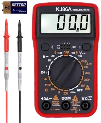 Multimeter, Durchgangsprüfer, Spannungstester, Batterietester, digitales Voltmeter, Ohm, Volt, Amperemeter, AC/DC-Spannung, Strom, Widerstand, Diode, Transistor, großes LCD-Display und Hintergrundbele