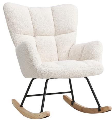 DARDVORLAG Schaukelstuhl – Moderner Relaxsessel aus Holz mit Lammfolle Stoff Ergonomischer Wippsessel für Wohnzimmer & Leseecke, Komfortabel & Pflegeleicht (Beige, 98.5CM X 71CM X 91CM)