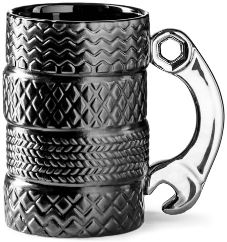 Gadget Master Reifen-Keramiktasse, silberner Schraubenschlüsselgriff, spülmaschinenfest, 450 ml