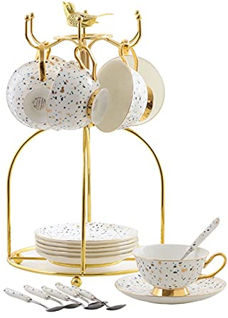 Coffee Mug Tea Cup Espresso Cups and Saucer Set Colored Spots Ceramic Coffee Cups with Metal Organizer Rack