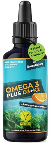 Omega 3 Algenöl PLUS Vitamin D3+K2 MK7 - davon 40% DHA & 20% EPA - mit Orangenöl und Rosmarinextrakt, vegan - Deutsche Qualität - für die ganze Familie