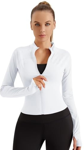 TERODACO Running Jacket Women Thumb Hole Zip Up Gym Tops Womens Long Sleeve Lightweight Sports Top Ladies Workout Cycling Athletic Shirts,Breathable Quick Dry Slim Fit MW085 White M