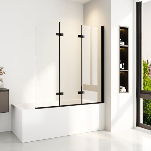 Duschwand für Badewanne 140 x 140 cm 3-teilig Faltbar Badewannen Duschaufsatz Badewannentrennwand aus 6mm ESG Sicherheitsglas mit NANO Beschichtung,Schwarz
